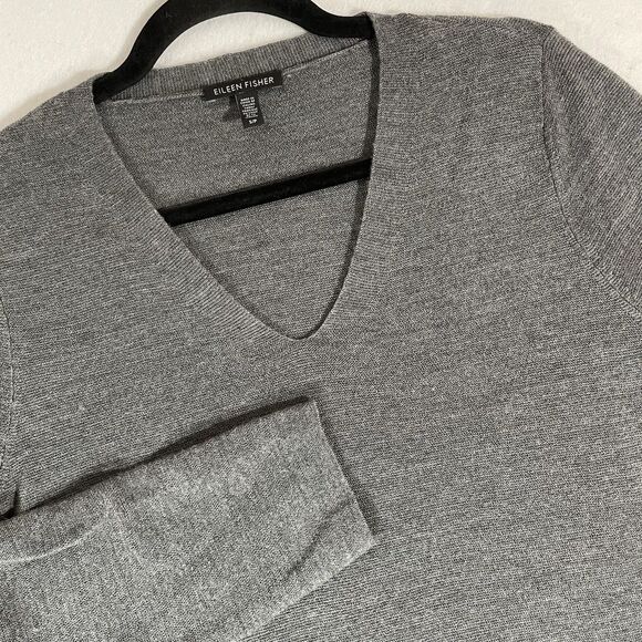 Eileen Fisher Sweater Womens Small Gray Merino Wool V Neck Tunic Longline Slits - Picture 2 of 6